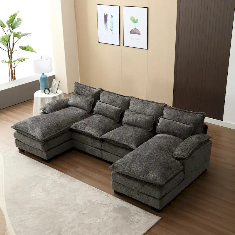 Canapé Sectionnel 4 Places Moderne en Chenille Forme U 110.63 pouces avec Doubles Coussins, 2 Méridiennes et Mousse Haute Densité