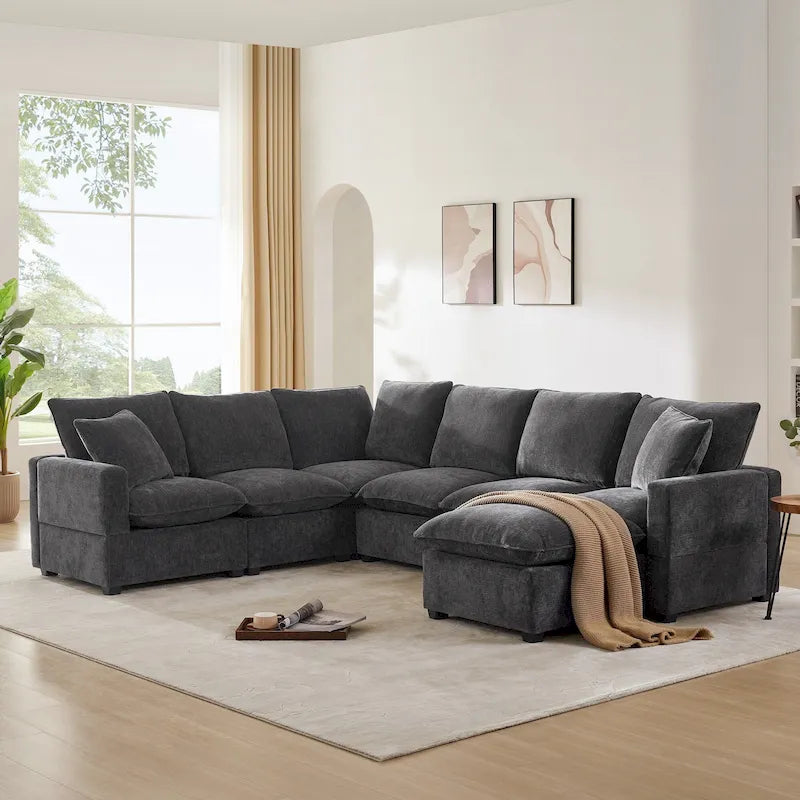 Ensemble de canapé sectionnel d'angle modulaire en chenille noir de 110 po à 7 places avec 2 coussins et pouf, pour salon ou appartement