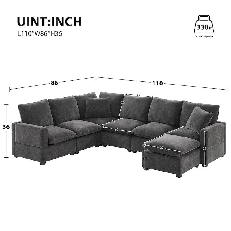 Ensemble de canapé sectionnel d'angle modulaire en chenille noir de 110 po à 7 places avec 2 coussins et pouf, pour salon ou appartement