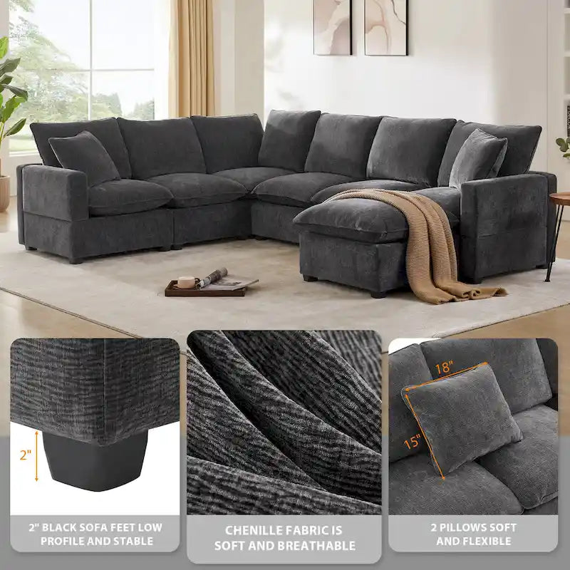 Ensemble de canapé sectionnel d'angle modulaire en chenille noir de 110 po à 7 places avec 2 coussins et pouf, pour salon ou appartement