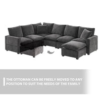 Ensemble de canapé sectionnel d'angle modulaire en chenille noir de 110 po à 7 places avec 2 coussins et pouf, pour salon ou appartement