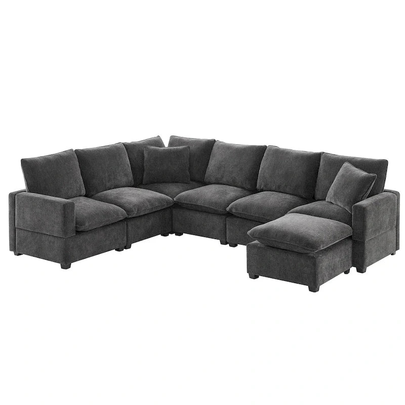 Ensemble de canapé sectionnel d'angle modulaire en chenille noir de 110 po à 7 places avec 2 coussins et pouf, pour salon ou appartement