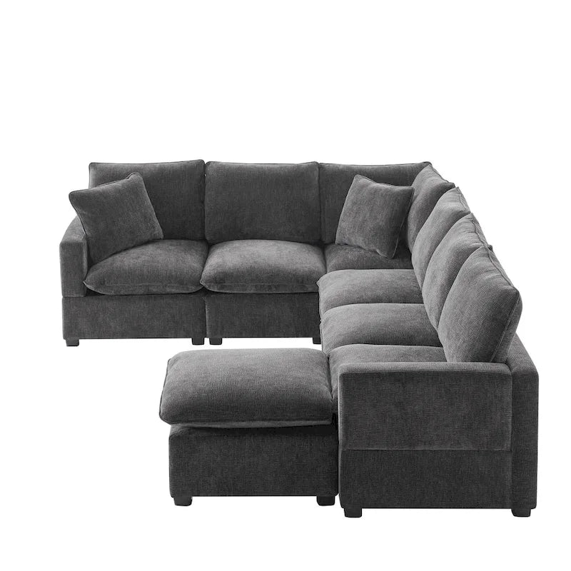 Ensemble de canapé sectionnel d'angle modulaire en chenille noir de 110 po à 7 places avec 2 coussins et pouf, pour salon ou appartement