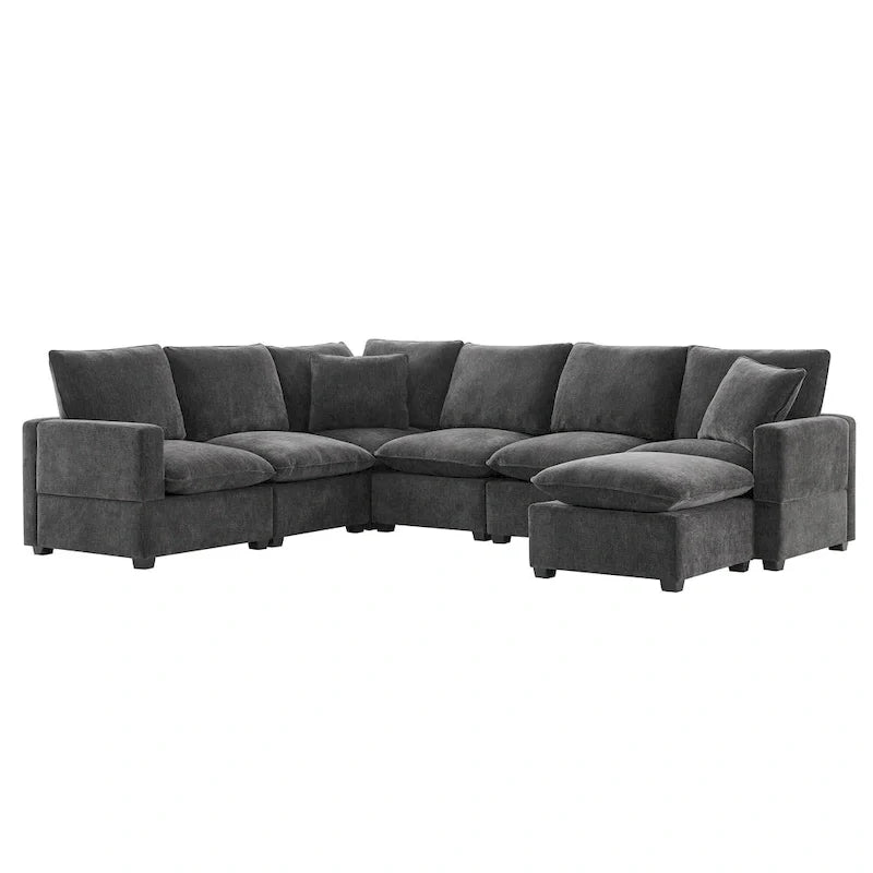Ensemble de canapé sectionnel d'angle modulaire en chenille noir de 110 po à 7 places avec 2 coussins et pouf, pour salon ou appartement