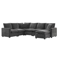 Ensemble de canapé sectionnel d'angle modulaire en chenille noir de 110 po à 7 places avec 2 coussins et pouf, pour salon ou appartement