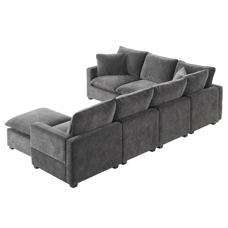 Ensemble de canapé sectionnel d'angle modulaire en chenille noir de 110 po à 7 places avec 2 coussins et pouf, pour salon ou appartement