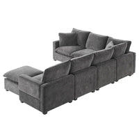 Ensemble de canapé sectionnel d'angle modulaire en chenille noir de 110 po à 7 places avec 2 coussins et pouf, pour salon ou appartement