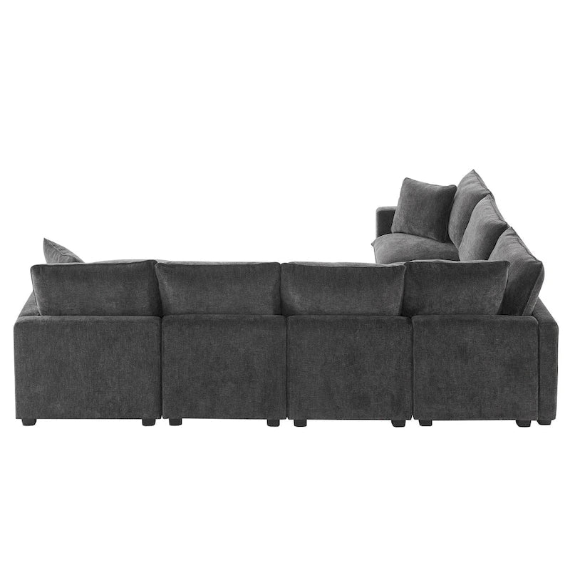 Ensemble de canapé sectionnel d'angle modulaire en chenille noir de 110 po à 7 places avec 2 coussins et pouf, pour salon ou appartement