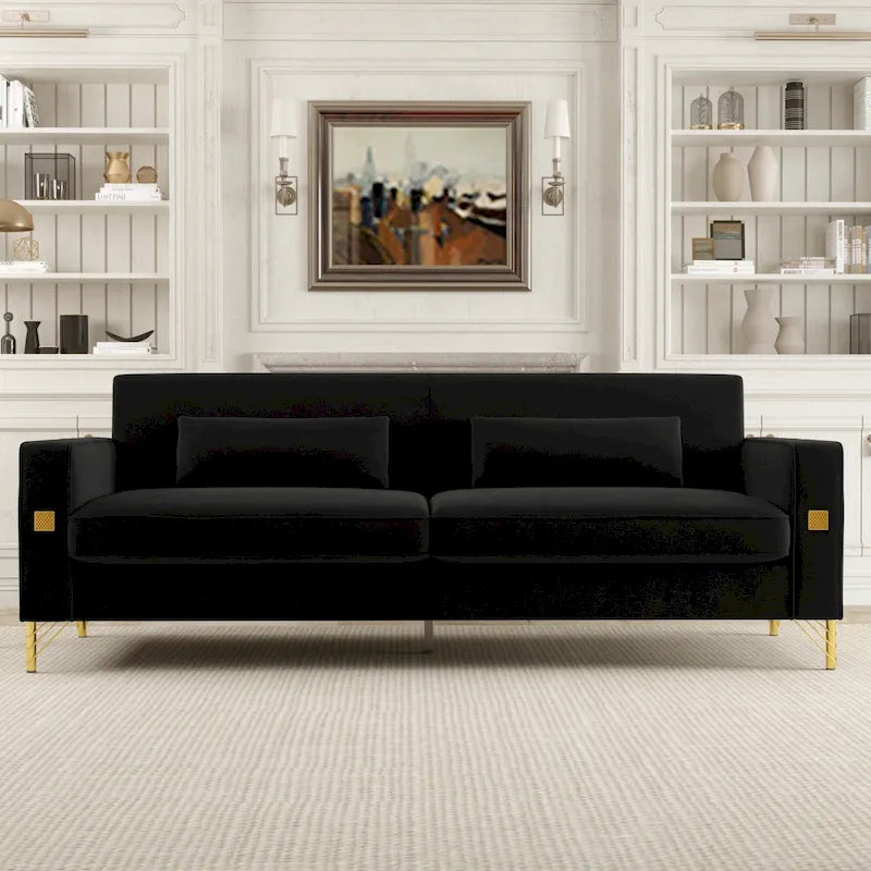 Canapé moderne 3 places en velours 85,63 avec accents dorés et coussins moelleux pour salon