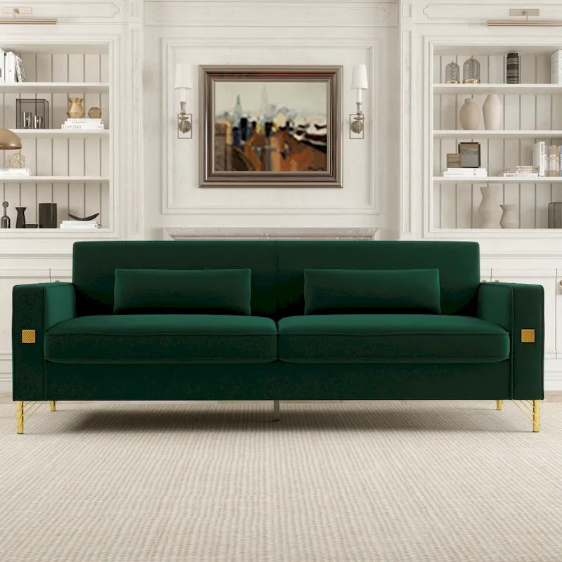 Canapé moderne 3 places en velours 85,63 avec accents dorés et coussins moelleux pour salon
