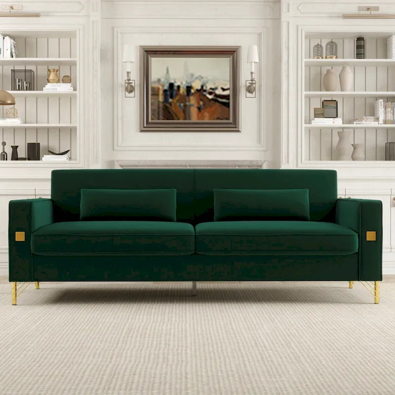 Canapé moderne 3 places en velours 85,63 avec accents dorés et coussins moelleux pour salon