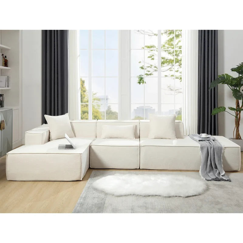 Ensemble canapé modulable minimaliste en L 4 places avec méridienne de 129,5 cm