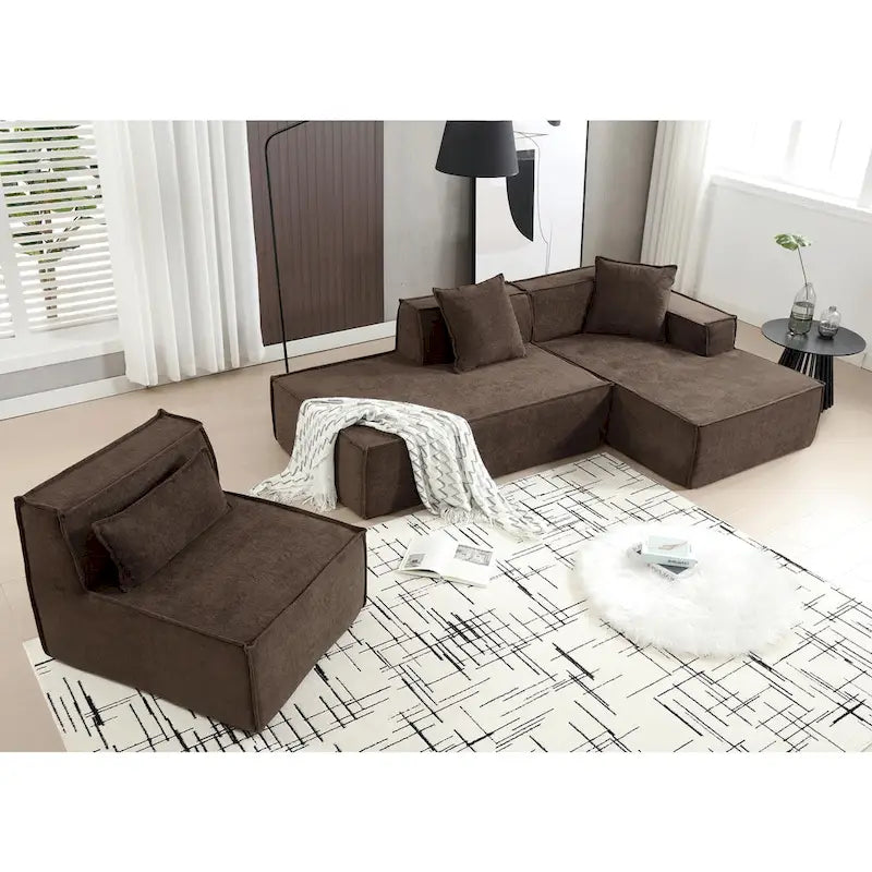 Ensemble canapé modulable minimaliste en L 4 places avec méridienne de 129,5 cm