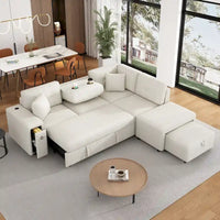 Canapé d'angle 4 places en L de 86,6 po avec lit gigogne, pouf mobile, ports USB et table rabattable avec porte-gobelets