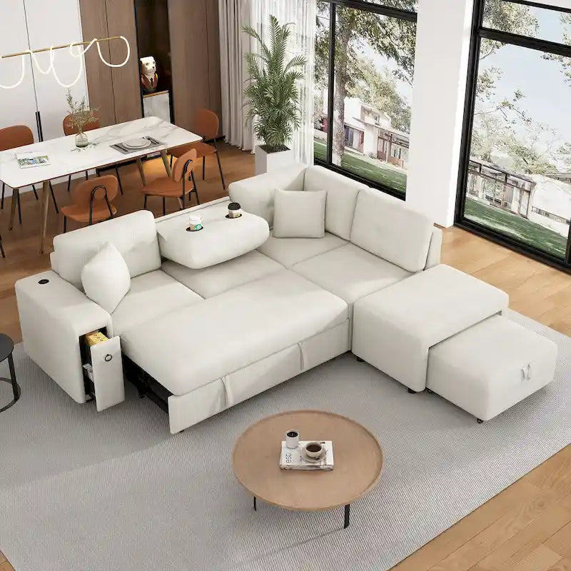 Canapé d'angle 4 places en L de 86,6 po avec lit gigogne, pouf mobile, ports USB et table rabattable avec porte-gobelets