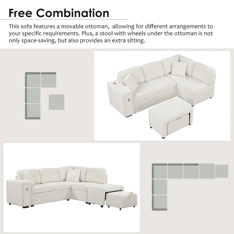 Canapé d'angle 4 places en L de 86,6 po avec lit gigogne, pouf mobile, ports USB et table rabattable avec porte-gobelets