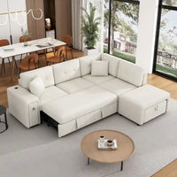 Canapé d'angle 4 places en L de 86,6 po avec lit gigogne, pouf mobile, ports USB et table rabattable avec porte-gobelets