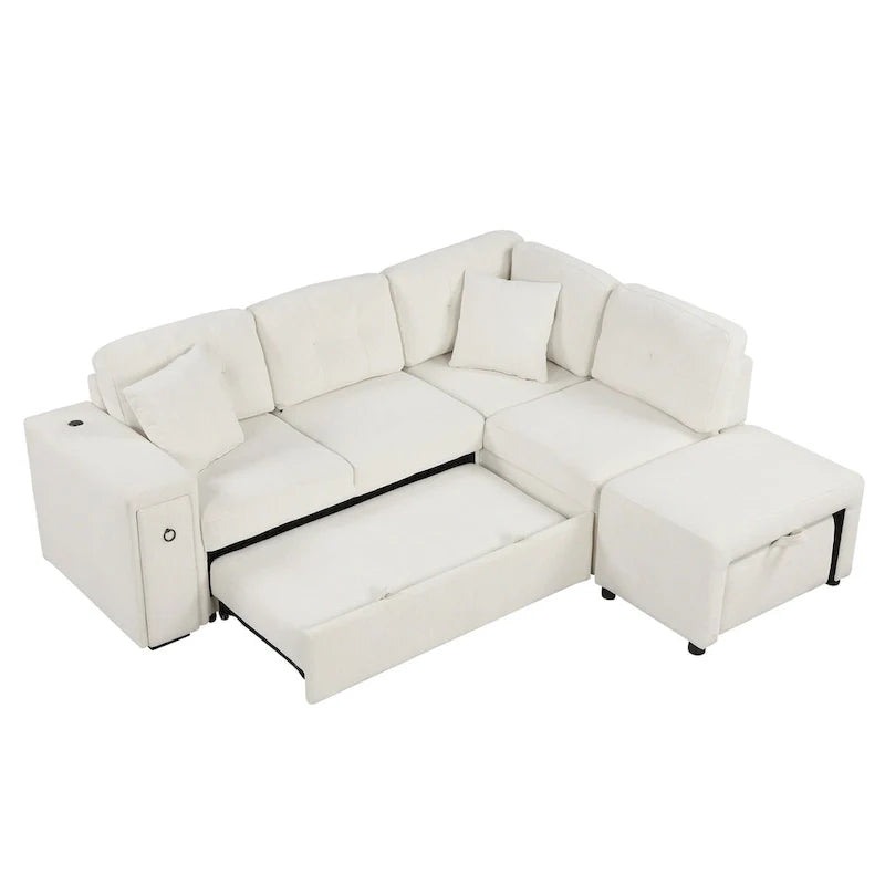 Canapé d'angle 4 places en L de 86,6 po avec lit gigogne, pouf mobile, ports USB et table rabattable avec porte-gobelets