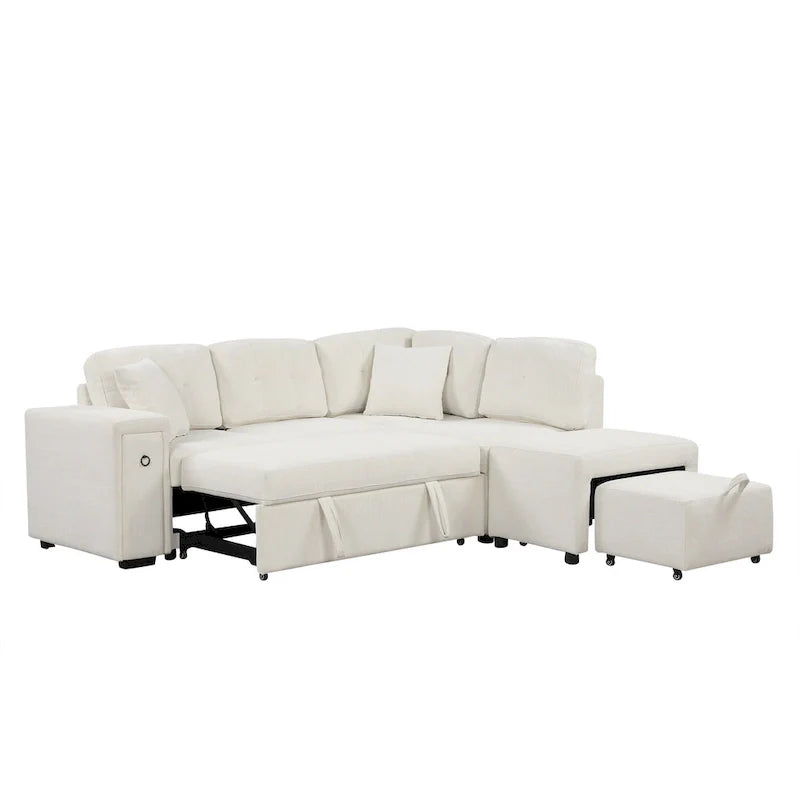 Canapé d'angle 4 places en L de 86,6 po avec lit gigogne, pouf mobile, ports USB et table rabattable avec porte-gobelets
