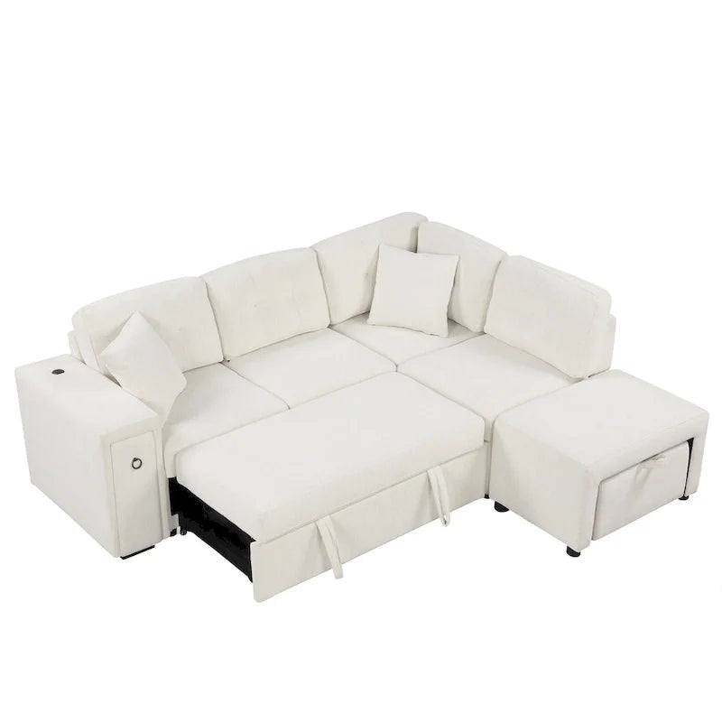 Canapé d'angle 4 places en L de 86,6 po avec lit gigogne, pouf mobile, ports USB et table rabattable avec porte-gobelets