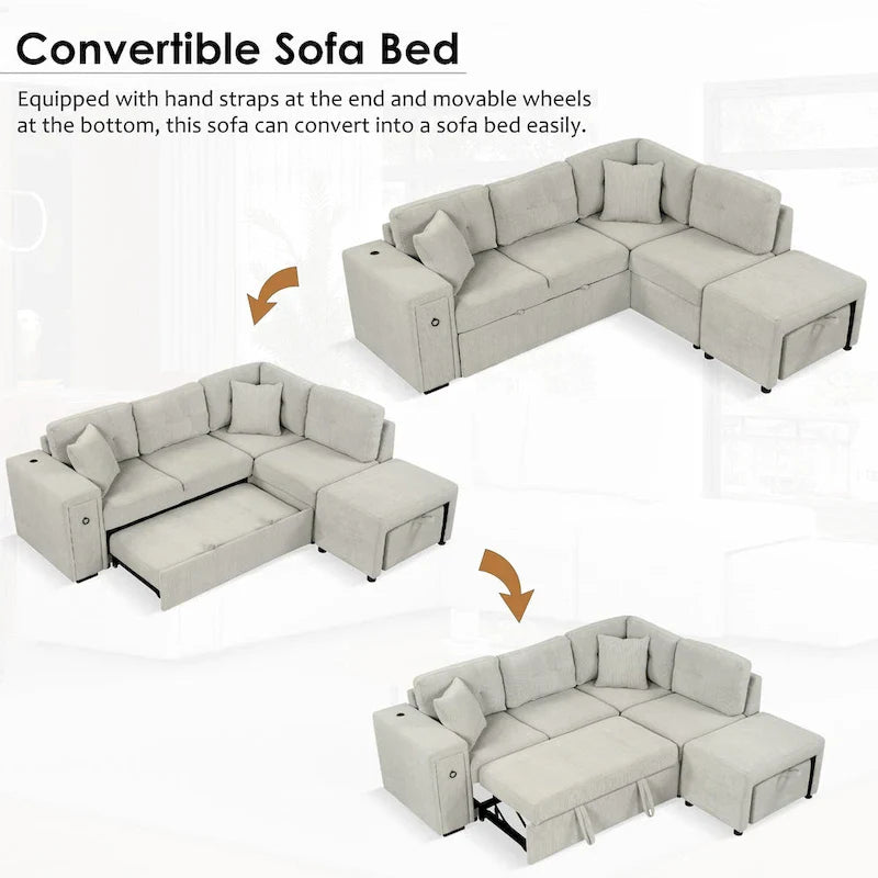 Canapé d'angle 4 places en L de 86,6 po avec lit gigogne, pouf mobile, ports USB et table rabattable avec porte-gobelets