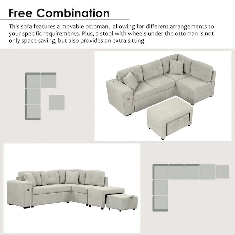 Canapé d'angle 4 places en L de 86,6 po avec lit gigogne, pouf mobile, ports USB et table rabattable avec porte-gobelets