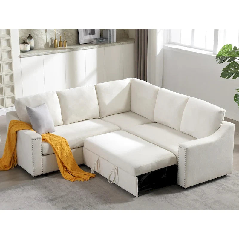 Canapé sectionnel en L 5 places de 81,5 po avec lit escamotable et 6 coussins, divan d'angle multifonction pour le salon