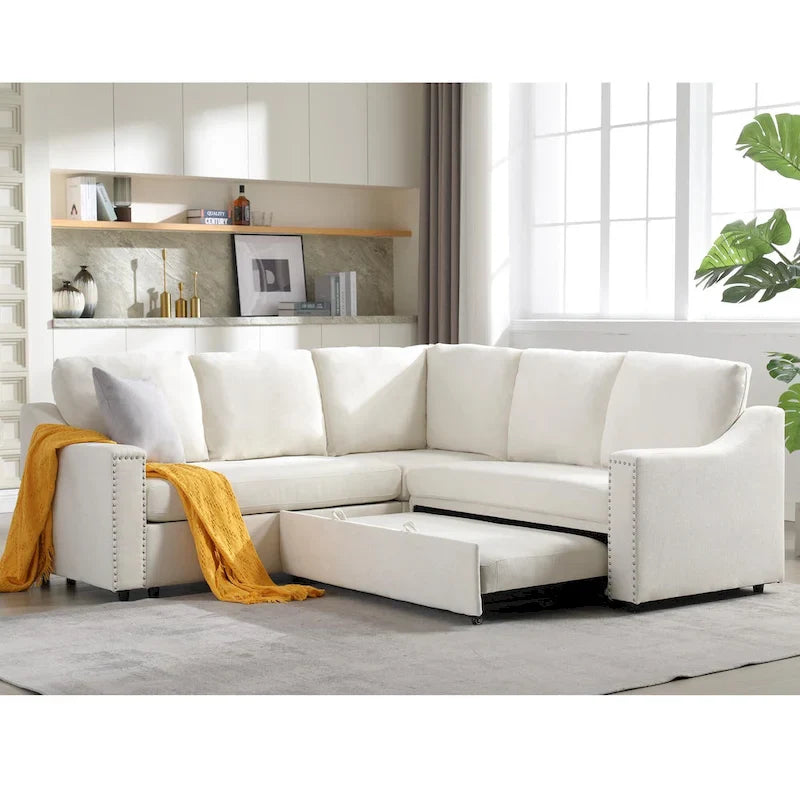 Canapé sectionnel en L 5 places de 81,5 po avec lit escamotable et 6 coussins, divan d'angle multifonction pour le salon