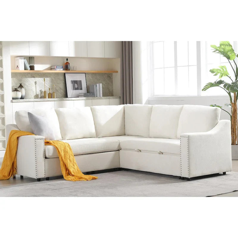Canapé sectionnel en L 5 places de 81,5 po avec lit escamotable et 6 coussins, divan d'angle multifonction pour le salon