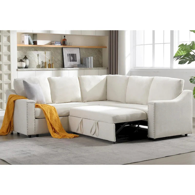 Canapé sectionnel en L 5 places de 81,5 po avec lit escamotable et 6 coussins, divan d'angle multifonction pour le salon