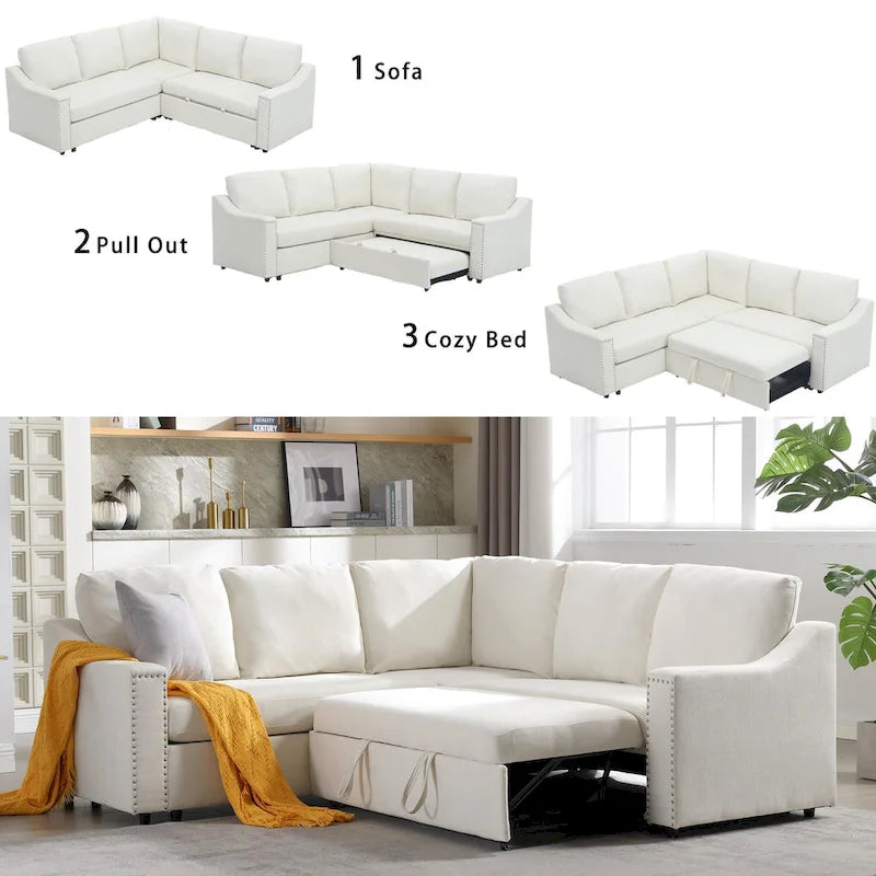 Canapé sectionnel en L 5 places de 81,5 po avec lit escamotable et 6 coussins, divan d'angle multifonction pour le salon