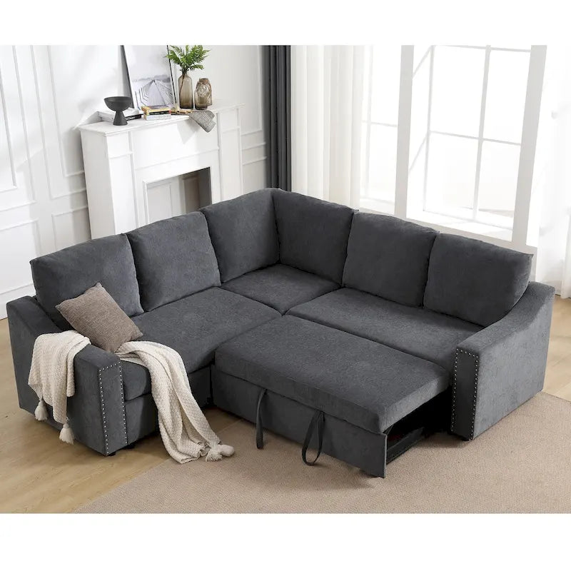 Canapé sectionnel en L 5 places de 81,5 po avec lit escamotable et 6 coussins, divan d'angle multifonction pour le salon