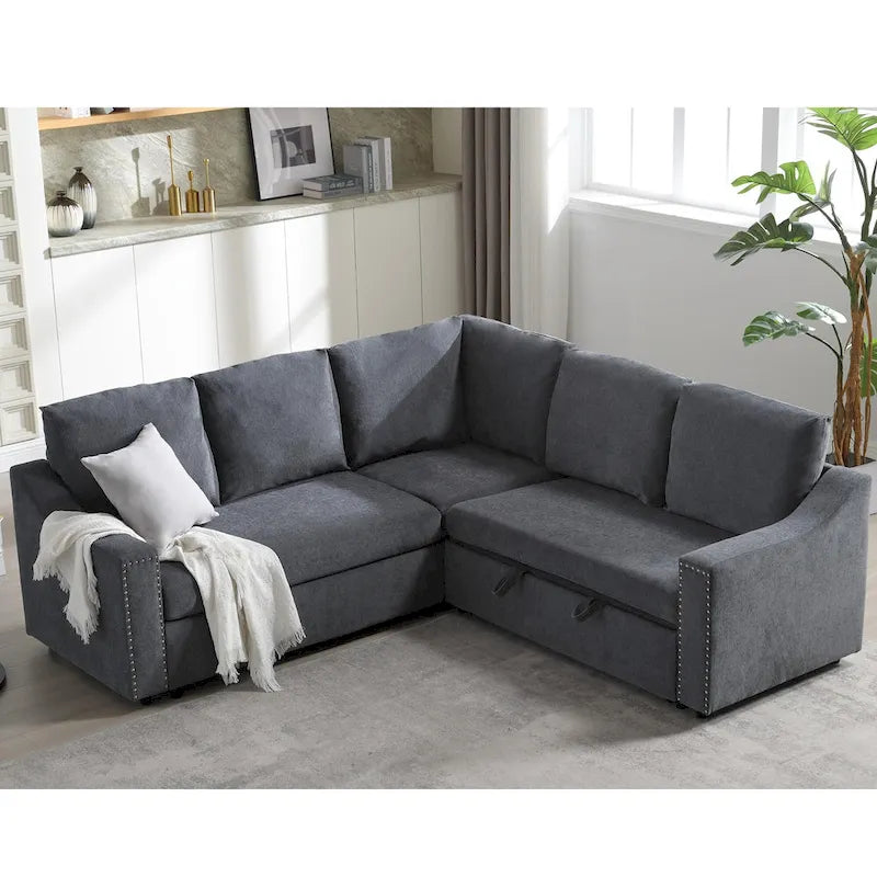 Canapé sectionnel en L 5 places de 81,5 po avec lit escamotable et 6 coussins, divan d'angle multifonction pour le salon