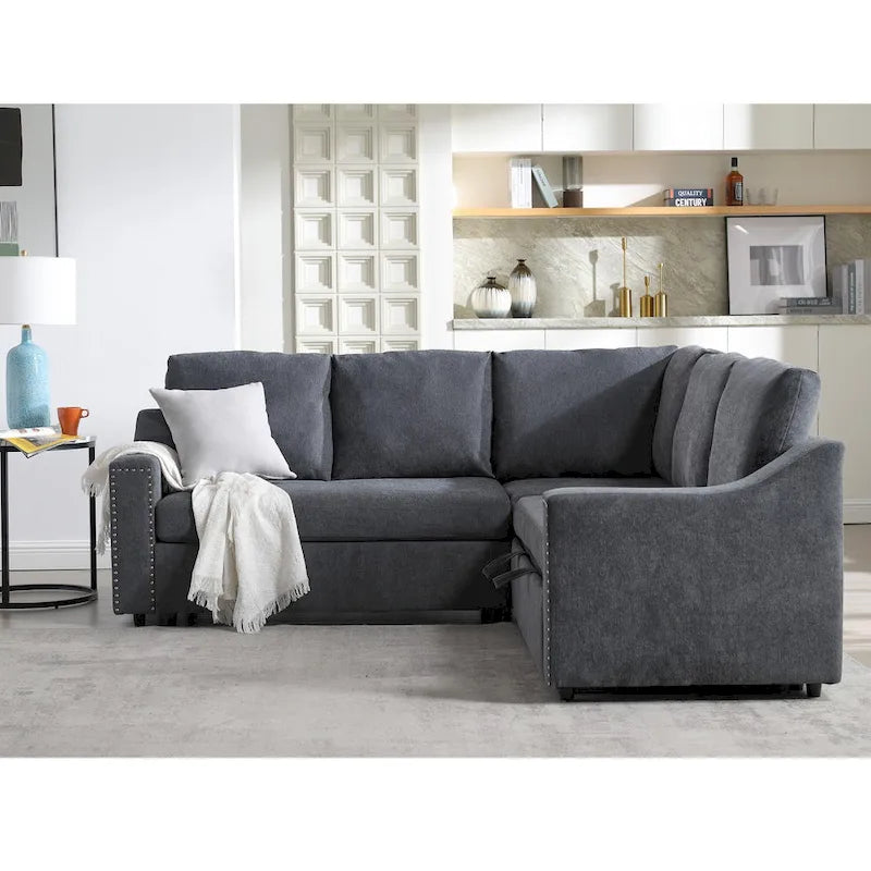 Canapé sectionnel en L 5 places de 81,5 po avec lit escamotable et 6 coussins, divan d'angle multifonction pour le salon