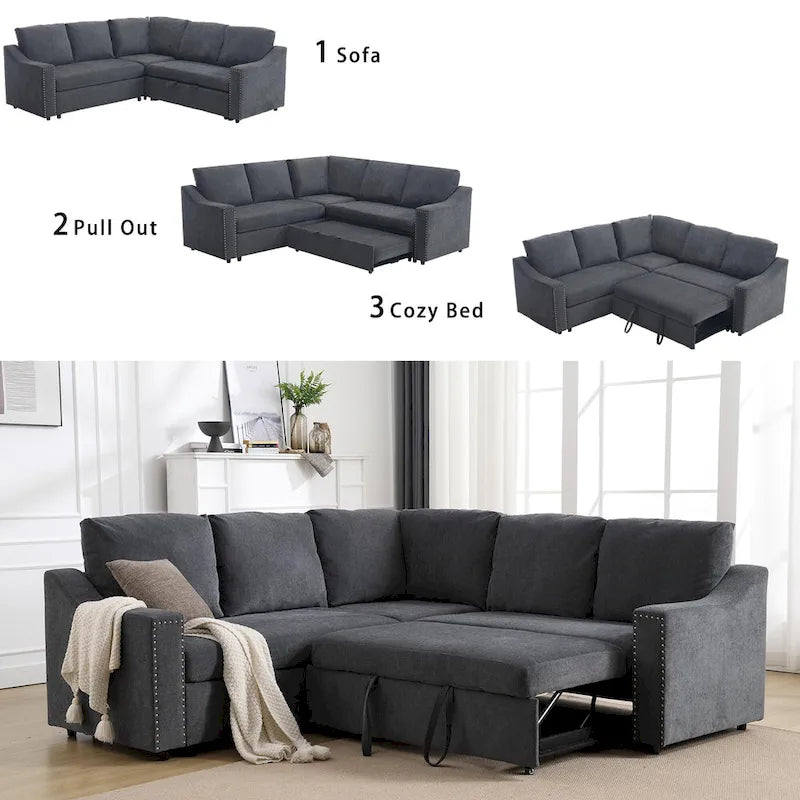Canapé sectionnel en L 5 places de 81,5 po avec lit escamotable et 6 coussins, divan d'angle multifonction pour le salon