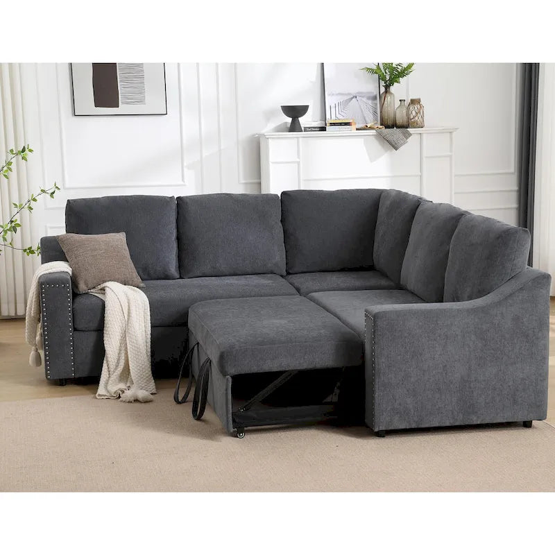 Canapé sectionnel en L 5 places de 81,5 po avec lit escamotable et 6 coussins, divan d'angle multifonction pour le salon