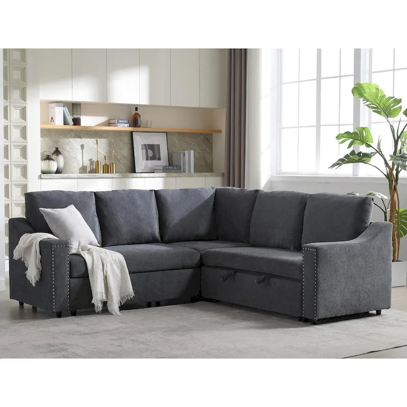 Canapé sectionnel en L 5 places de 81,5 po avec lit escamotable et 6 coussins, divan d'angle multifonction pour le salon