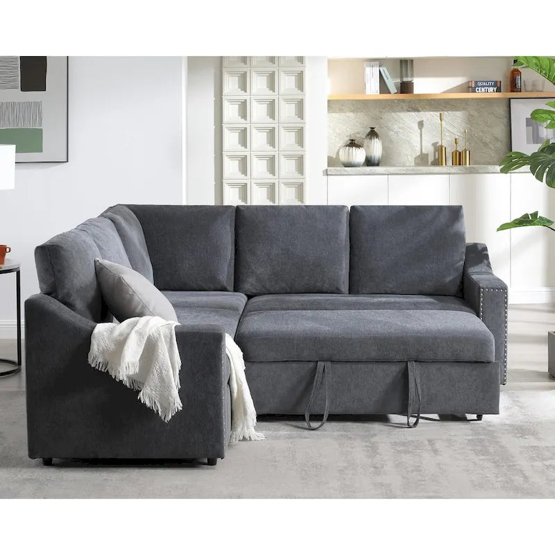 Canapé sectionnel en L 5 places de 81,5 po avec lit escamotable et 6 coussins, divan d'angle multifonction pour le salon