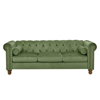 Canapé Chesterfield en Velours Vert 74,5 avec capitonnage, accoudoirs arrondis, pieds tournés et design élégant