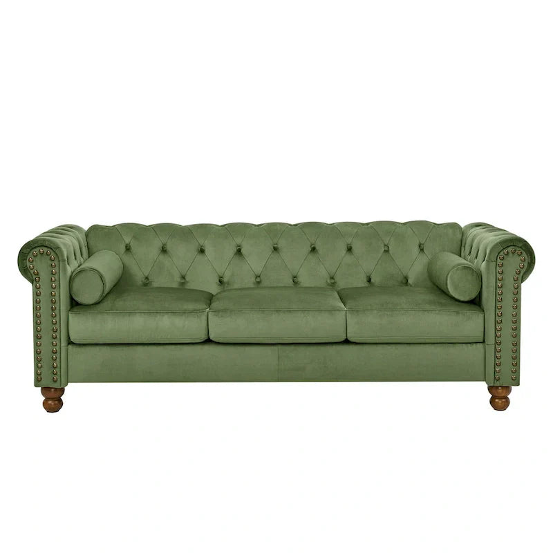 Canapé Chesterfield en Velours Vert 74,5 avec capitonnage, accoudoirs arrondis, pieds tournés et design élégant