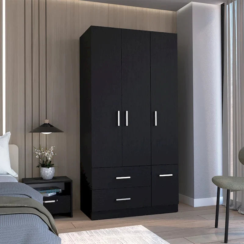 35.4 Armoire moderne à quatre portes avec 2 tiroirs, six étagères et une tringle de penderie