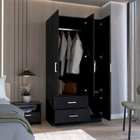 35.4 Armoire moderne à quatre portes avec 2 tiroirs, six étagères et une tringle de penderie