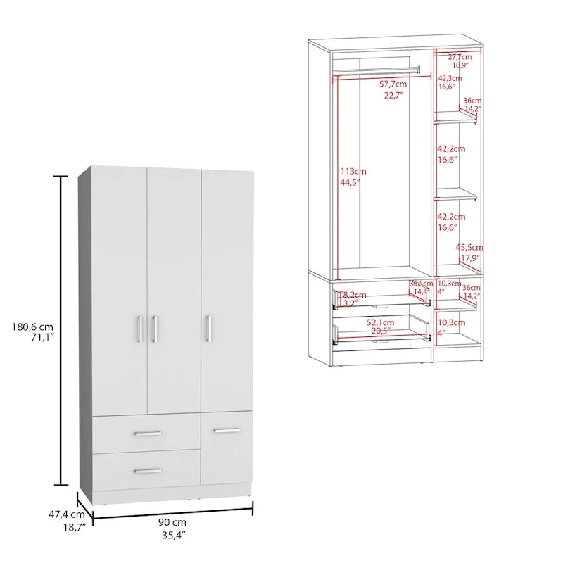35.4 Armoire moderne à quatre portes avec 2 tiroirs, six étagères et une tringle de penderie