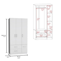 35.4 Armoire moderne à quatre portes avec 2 tiroirs, six étagères et une tringle de penderie