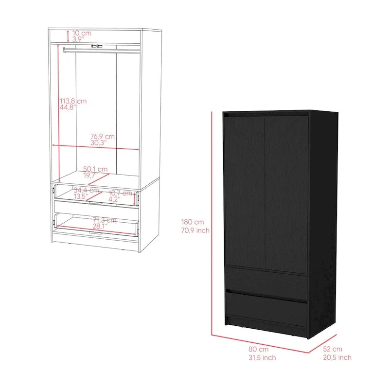 Armoire double porte moderne 20.47 avec tringle et deux tiroirs pour chambre