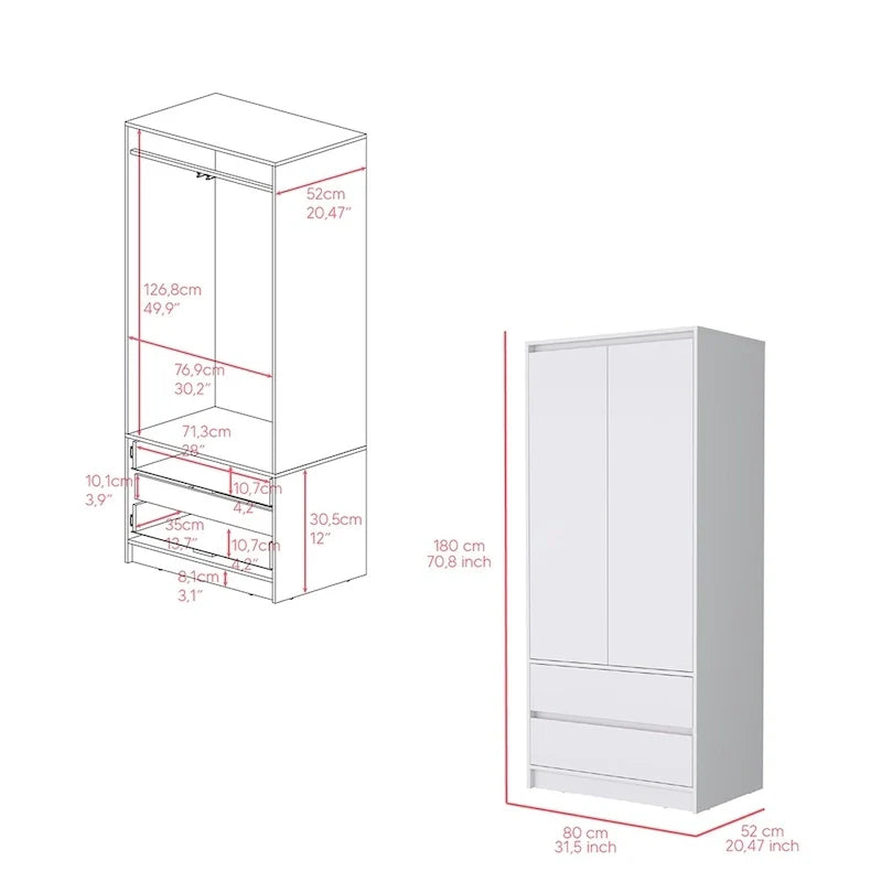 Armoire double porte moderne 20.47 avec tringle et deux tiroirs pour chambre