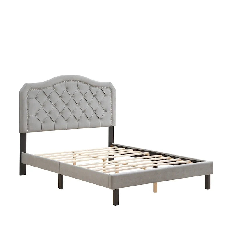Lit capitonné Queen Size avec support à lattes en bois robuste