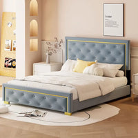 Lit plateforme rembourré gris Queen Size avec tête de lit capitonnée et cadre en métal