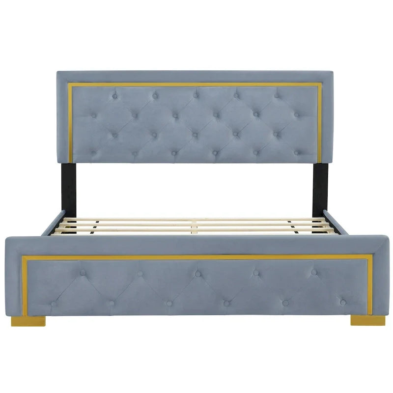 Lit plateforme rembourré gris Queen Size avec tête de lit capitonnée et cadre en métal