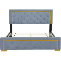 Lit plateforme rembourré gris Queen Size avec tête de lit capitonnée et cadre en métal